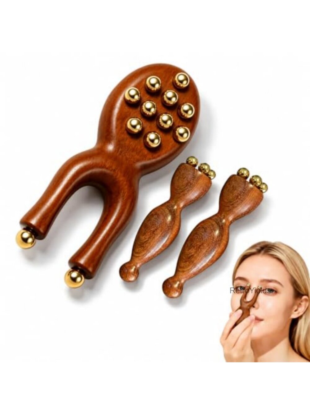 Sandalwood Gua Sha Set 3Pc Brass Roller Facial Massager Lymphatic Tool